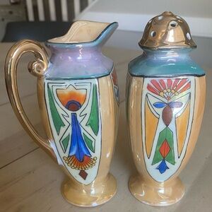 Lusterware, creamer & sugar, hand painted porcelain, art deco pattern, vintage